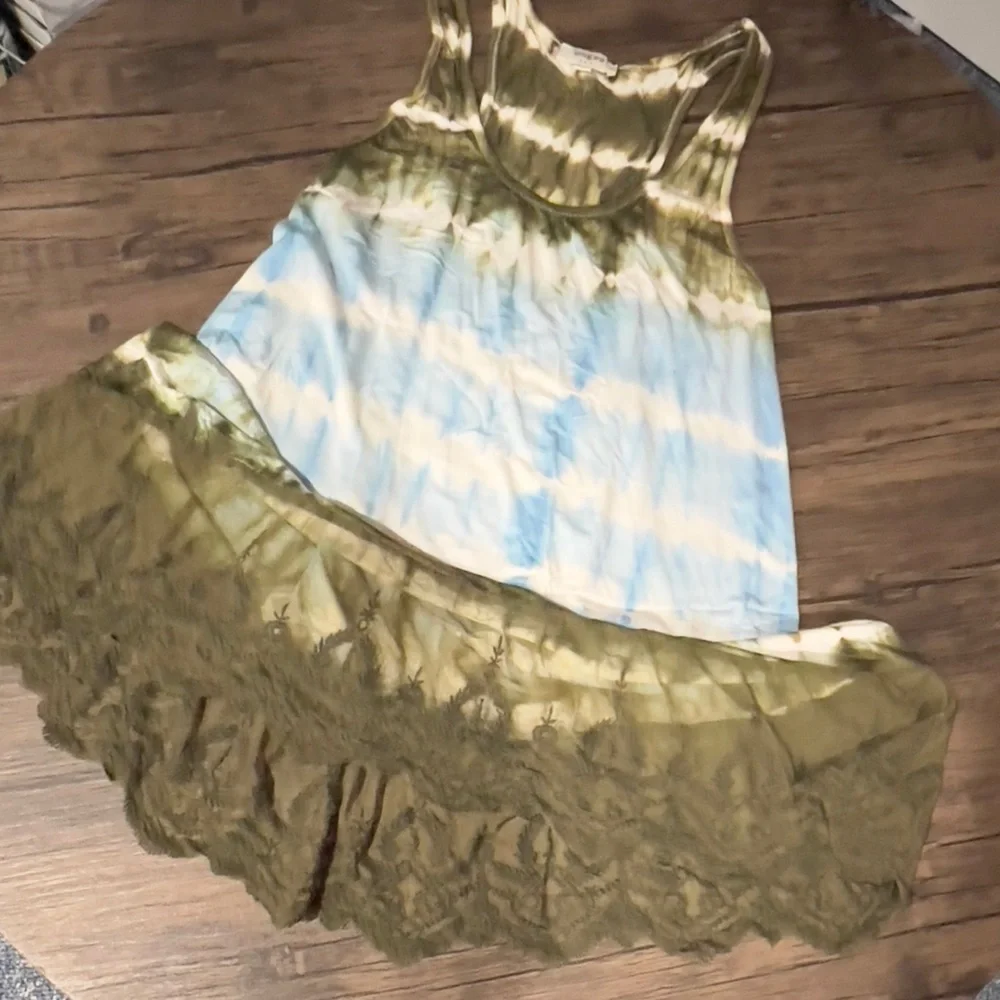 UMGEE Tank Dress. Olive Green and Blue Tie Dye. A Frame. Lace Bottom. - Picture 4 of 10